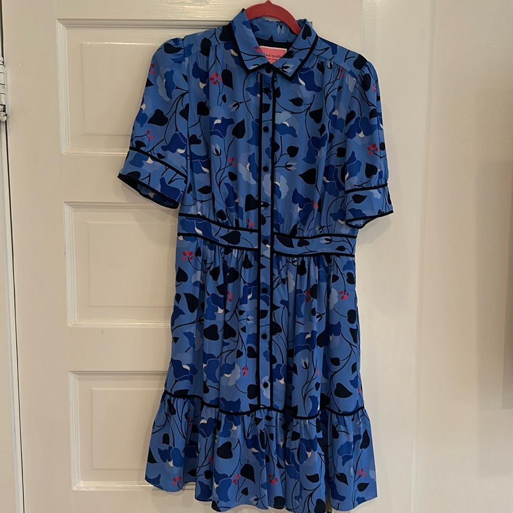 Mid length dress of blues and a touch of red/fushia